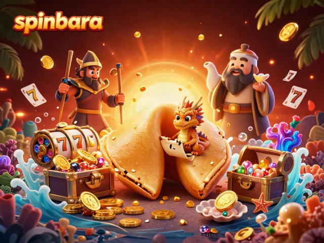 Spinbara's dynamic casino scene features a wise dragon and fortune cookie among gaming symbols for players.