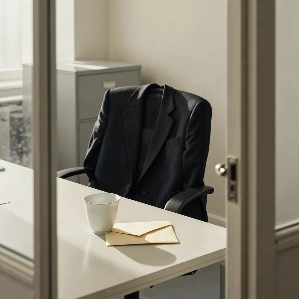 Silla vacía de oficina con blazer oscuro, sobre y taza fría junto a una mesa clara.