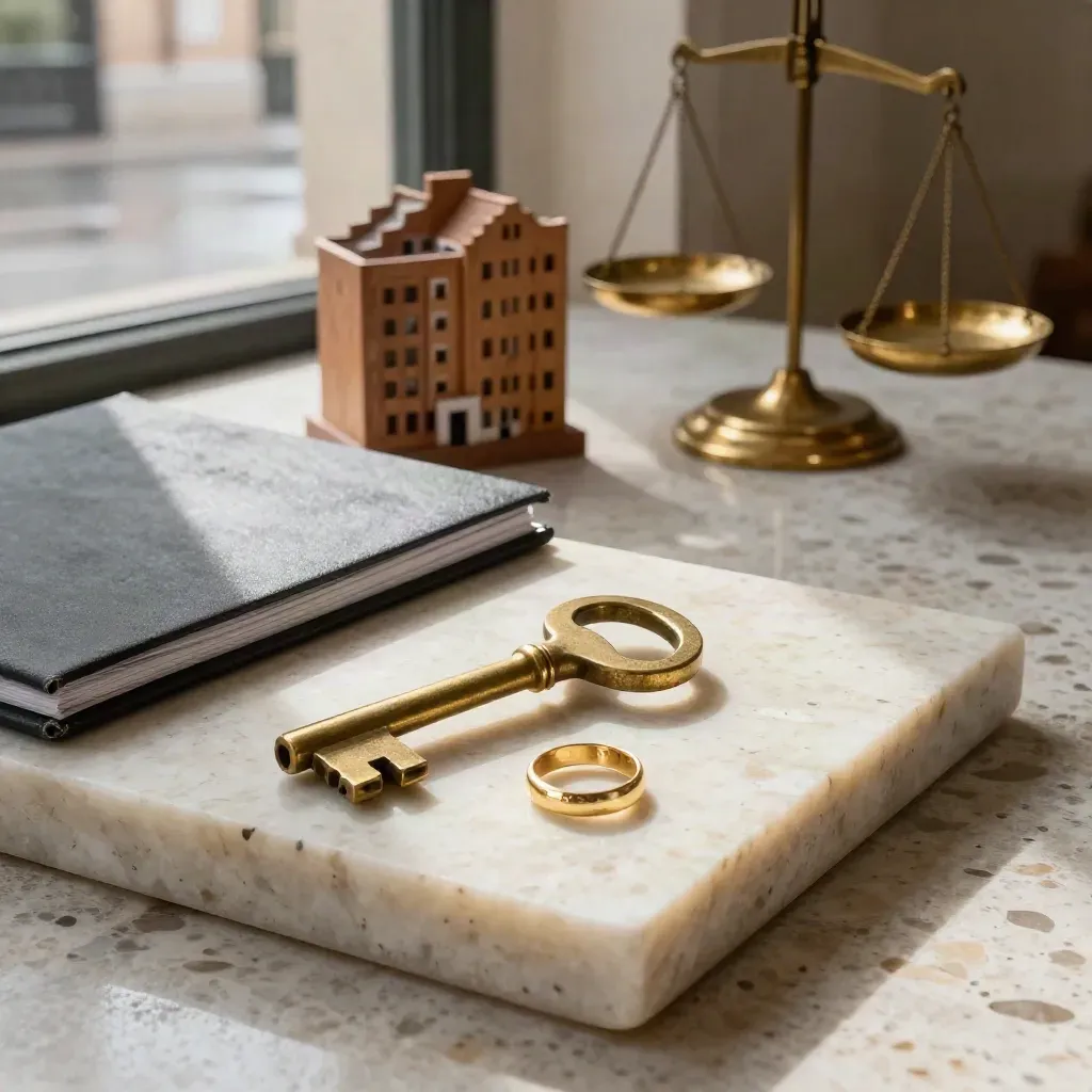 Llave de latón, anillo, carpeta, maqueta de piso y balanza en un despacho legal