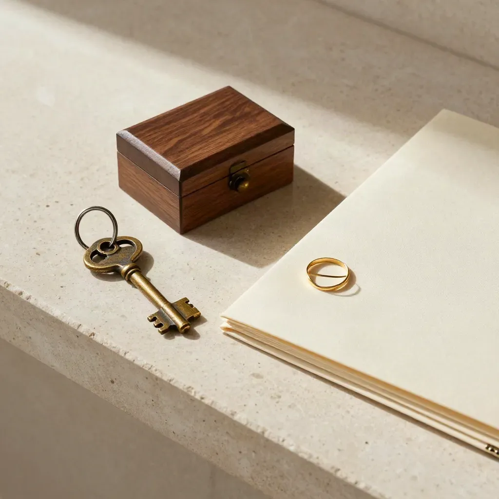 Llaves antiguas, caja de madera y carpeta cerrada sobre una mesa de notaría.