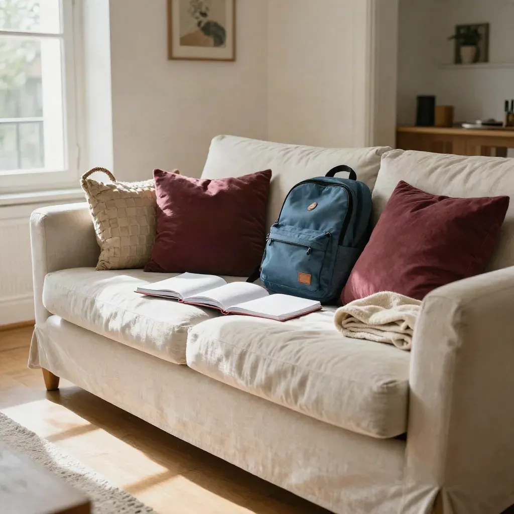 Sala familiar luminosa con mochila escolar, cuadernos cerrados y cesta sobre un sofá claro.