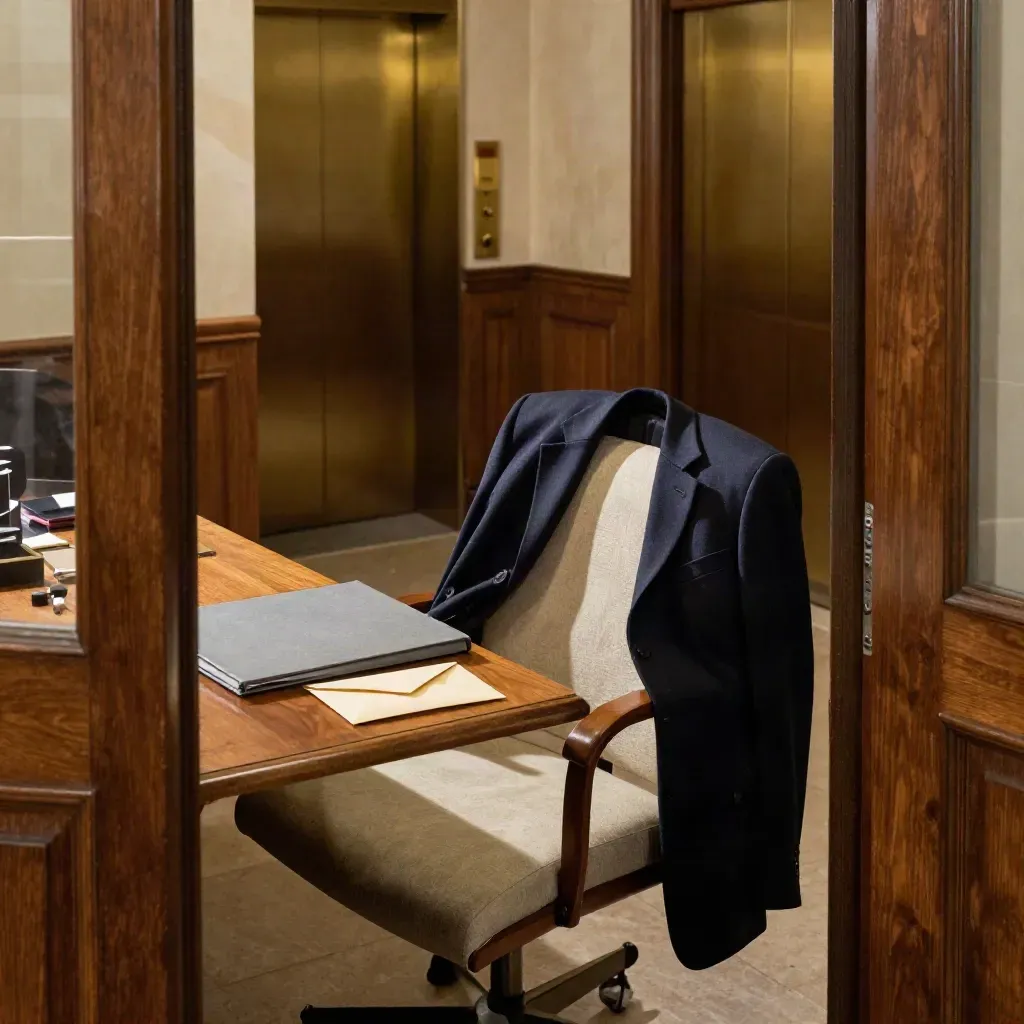 Silla vacía en despacho de abogados, carpeta gris cerrada, sobre y chaqueta oscura junto a la mesa.