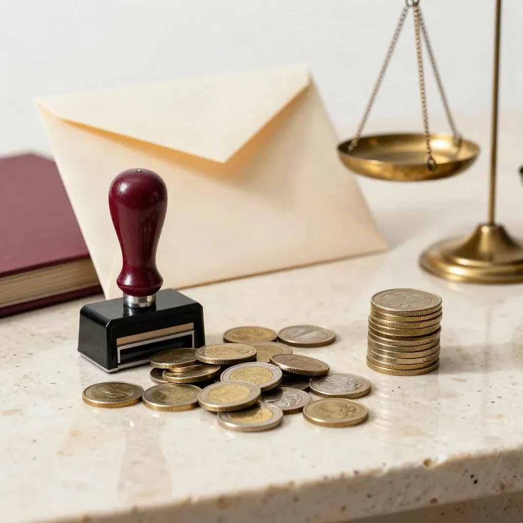 Monedas, sello y sobre cerrado junto a una balanza pequeña sobre mesa baja de travertino.