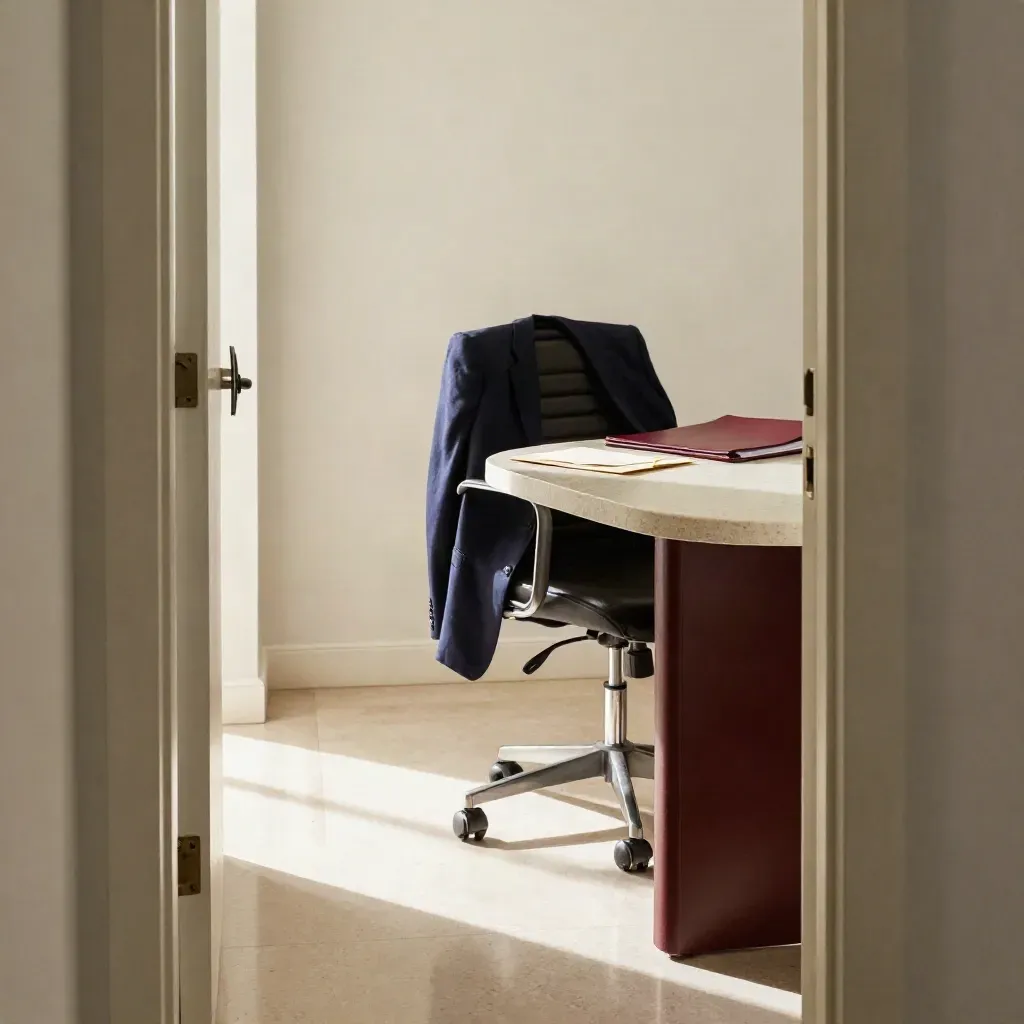 Sala de reuniones vacía con silla girada, chaqueta y sobre cerrado junto a la puerta abierta.