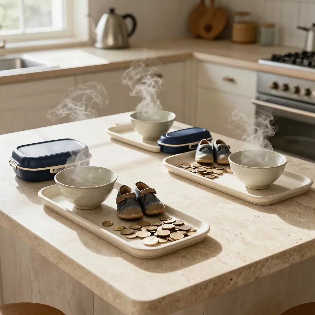 Cocina luminosa con cuencos, lonchera, zapatillas pequeñas y monedas ordenadas en bandejas.