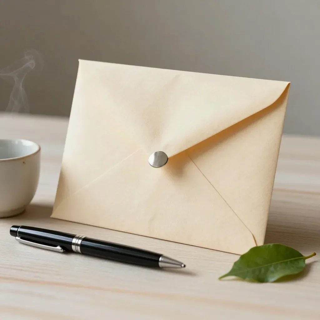 Sobres kraft, pluma negra y taza cerámica sobre madera clara, para carta de despido.