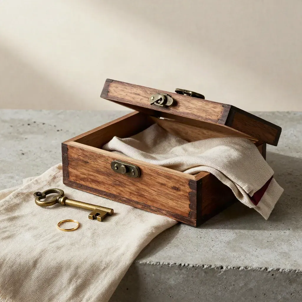Caja de madera abierta con llave antigua, anillo fino y tela beige sobre piedra clara.